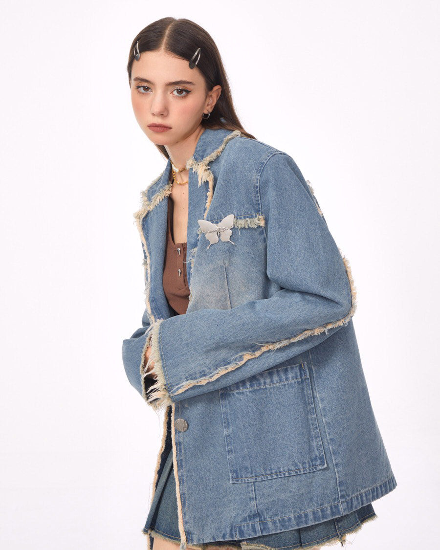 Blue Vintage Oversize Distressed Denim Blazer