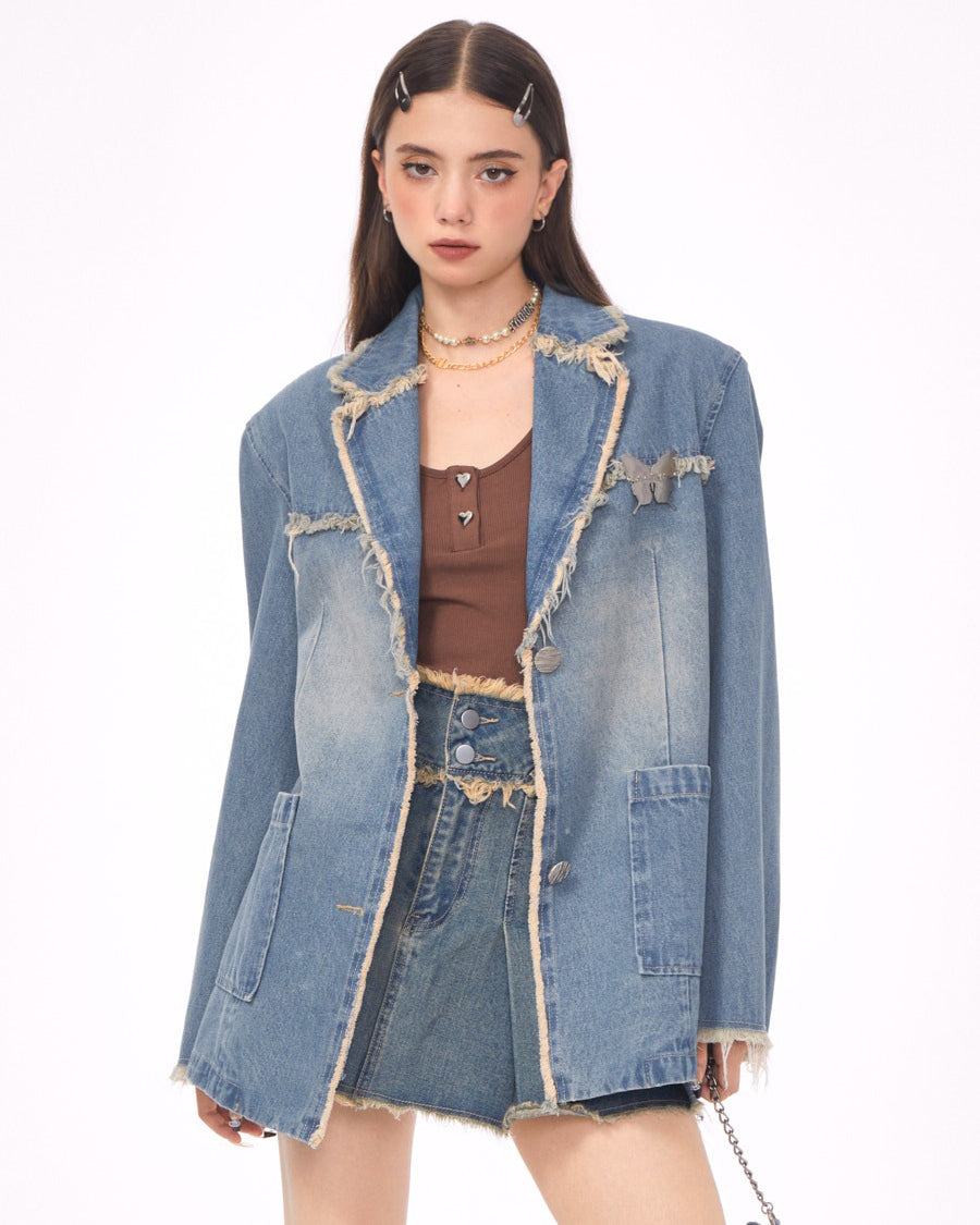 Blue Vintage Oversize Distressed Denim Blazer