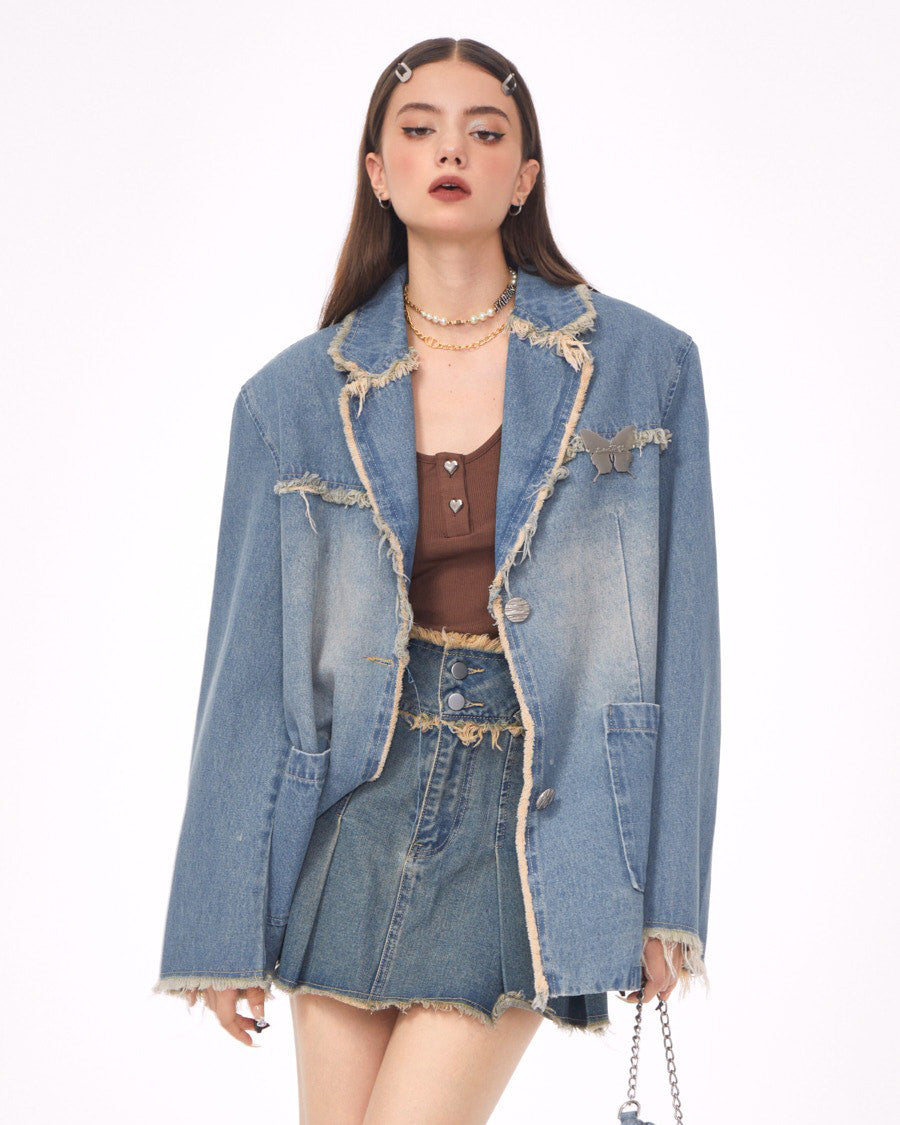 Blue Vintage Oversize Distressed Denim Blazer
