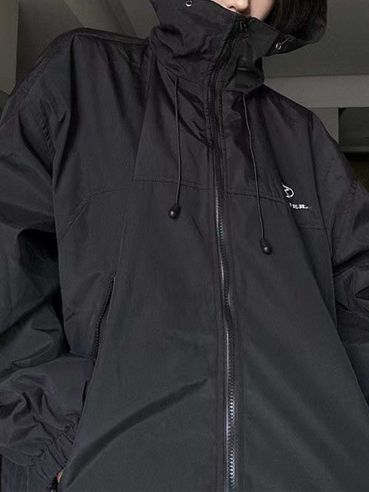 Retro Black Waterproof Oversize Outdoor Jacket with Hood