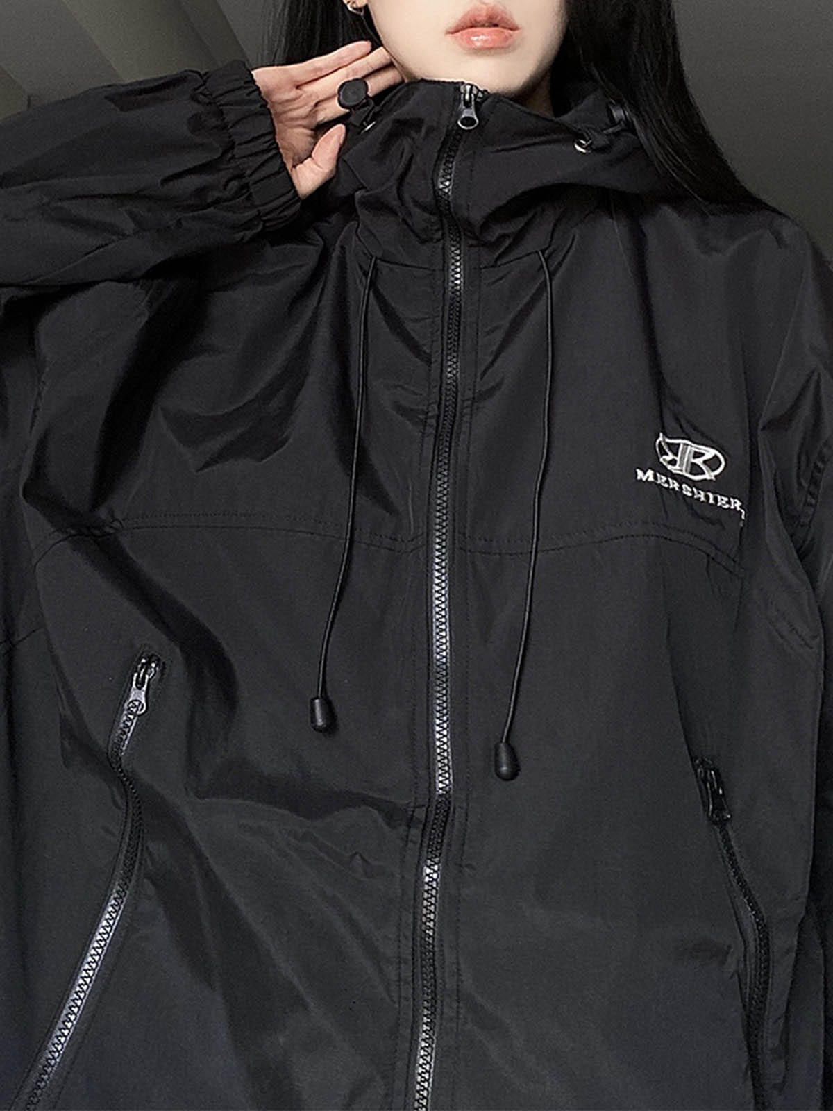 Retro Black Waterproof Oversize Outdoor Jacket with Hood