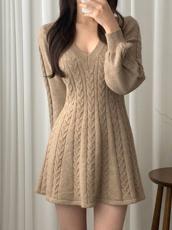 Solid Color Cute V-Neck Cable Knit Long Sleeve Mini Dress