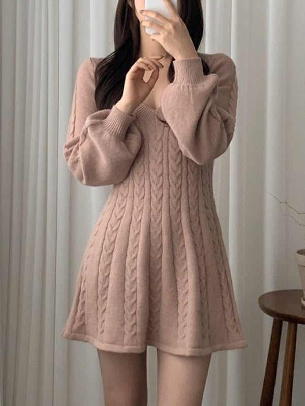 Solid Color Cute V-Neck Cable Knit Long Sleeve Mini Dress