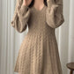 Solid Color Cute V-Neck Cable Knit Long Sleeve Mini Dress