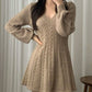 Solid Color Cute V-Neck Cable Knit Long Sleeve Mini Dress