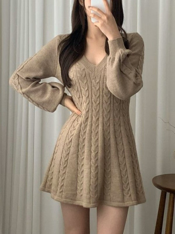 Solid Color Cute V-Neck Cable Knit Long Sleeve Mini Dress