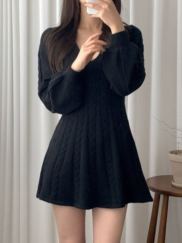 Solid Color Cute V-Neck Cable Knit Long Sleeve Mini Dress