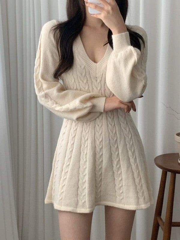 Solid Color Cute V-Neck Cable Knit Long Sleeve Mini Dress