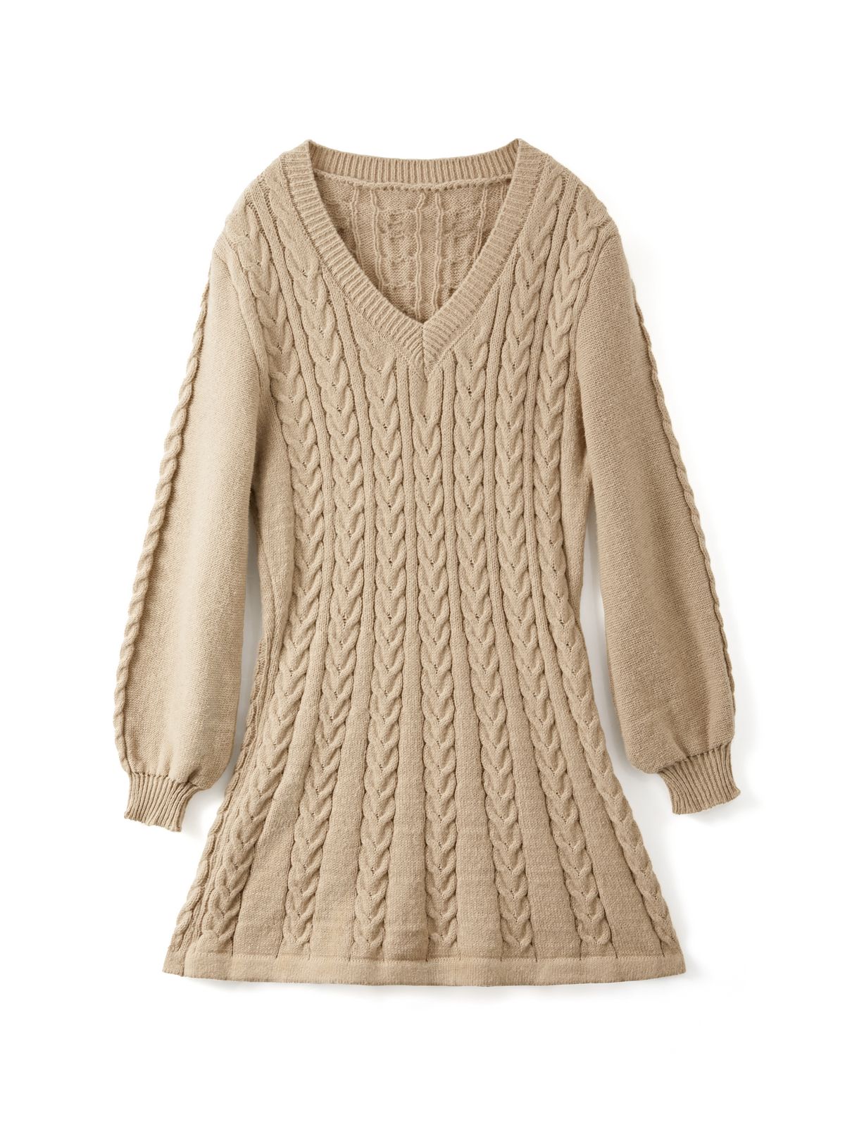 Solid Color Cute V-Neck Cable Knit Long Sleeve Mini Dress