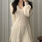 Solid Color Cute V-Neck Cable Knit Long Sleeve Mini Dress