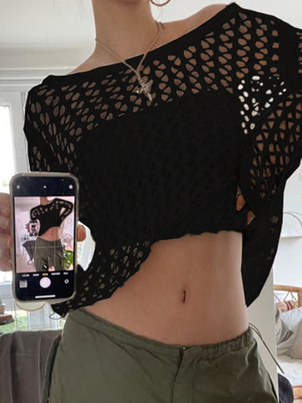 Black Sexy Hollow Crochet Top with Long Sleeves