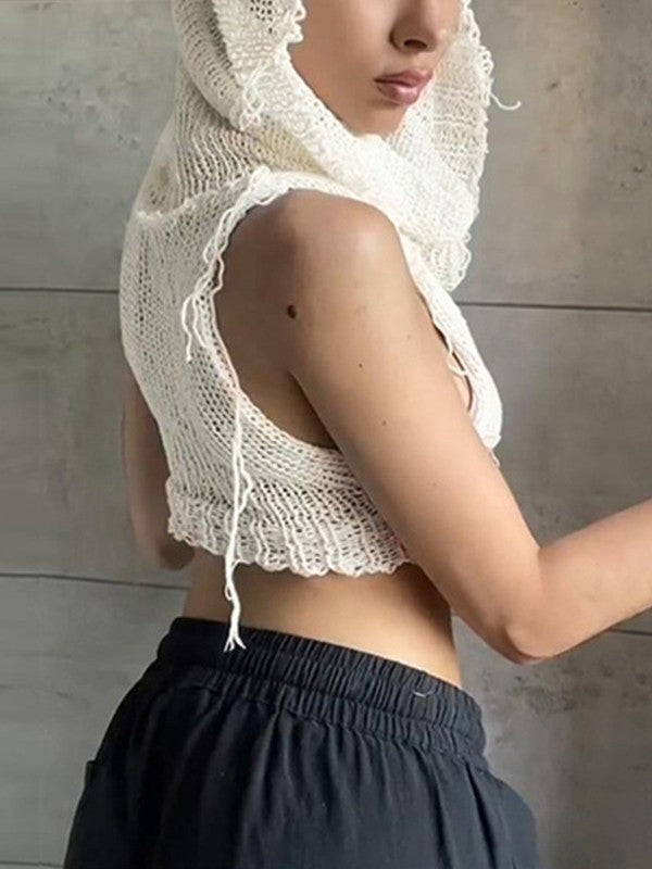 Wasteland Crochet Knit Cropped Tank Top with Hood