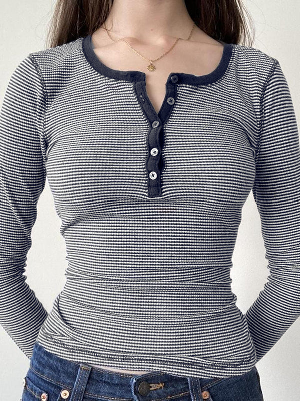 Black vintage striped knit top with button placket