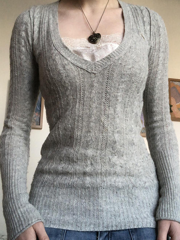 Vintage V-neck lace patchwork cable knit top