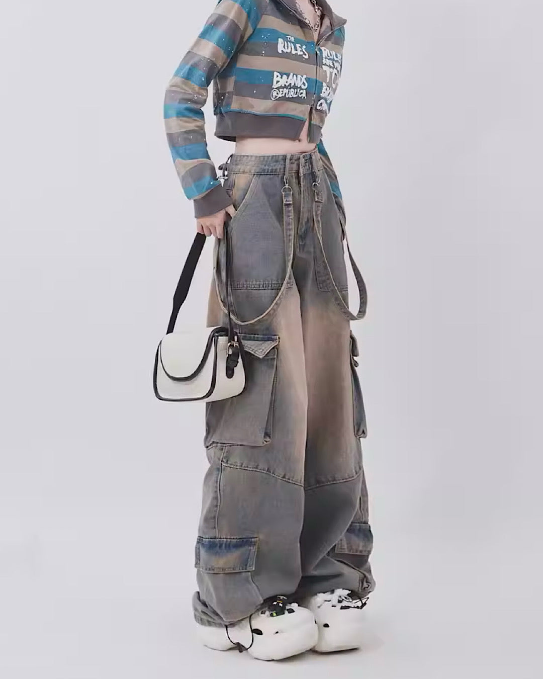 Hip Hop Mud Effect Washed Suspender Jeans