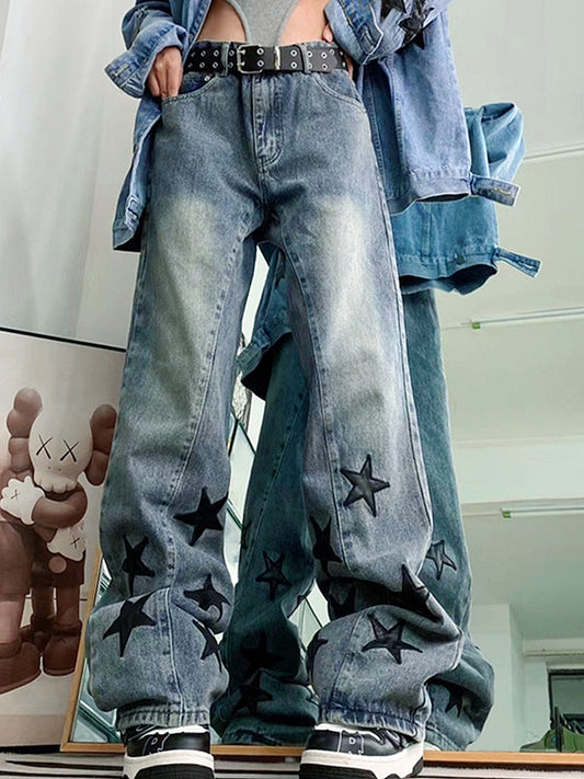 Washed Blue Vintage Boyfriend Jeans with Star Design