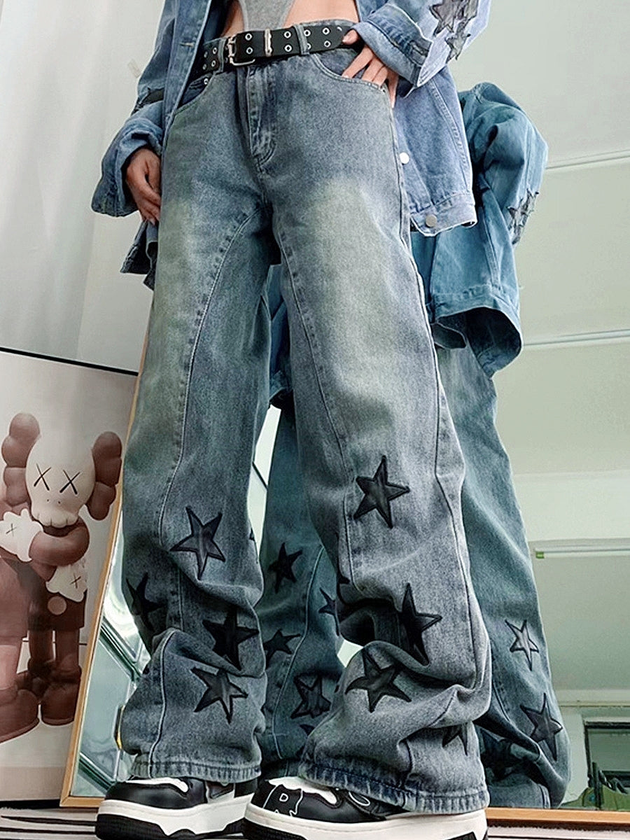 Washed Blue Vintage Boyfriend Jeans with Star Design