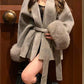 Classic solid color faux fur coat with belt