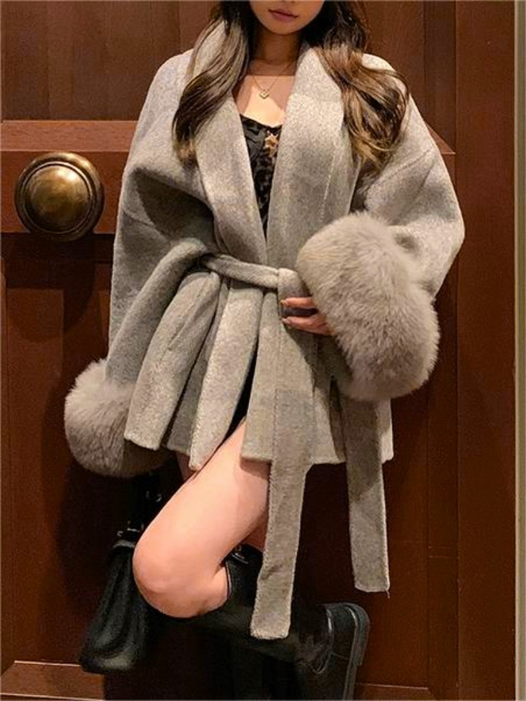 Classic solid color faux fur coat with belt