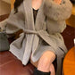 Classic solid color faux fur coat with belt