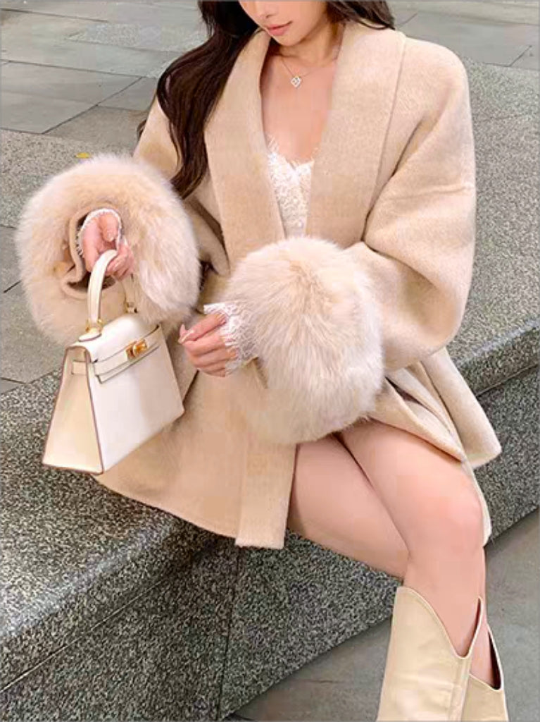 Classic solid color faux fur coat with belt