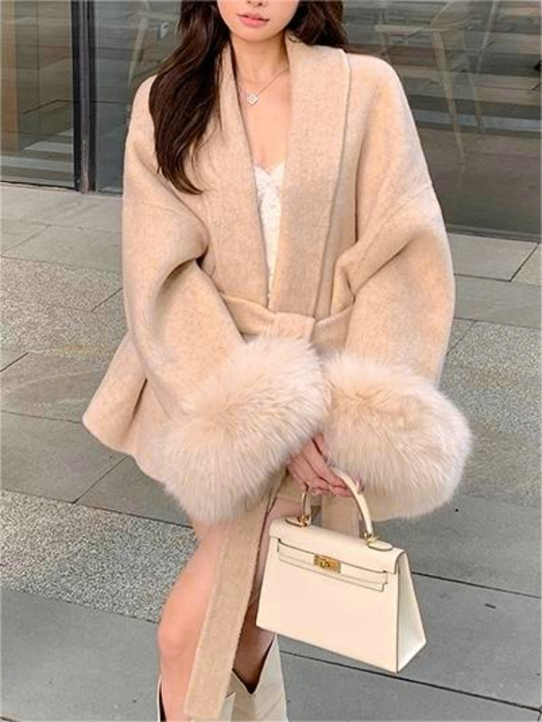 Classic solid color faux fur coat with belt