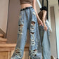 Blue Punk Frayed Detail Jeans with Ripped