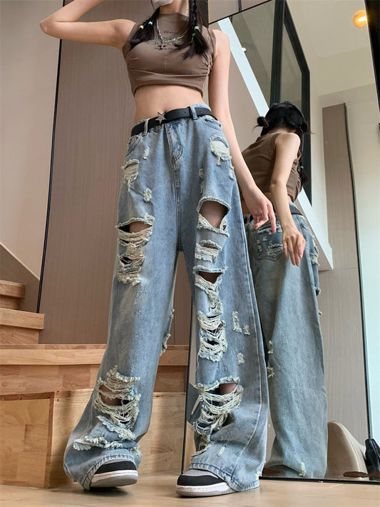 Blue Punk Frayed Detail Jeans with Ripped