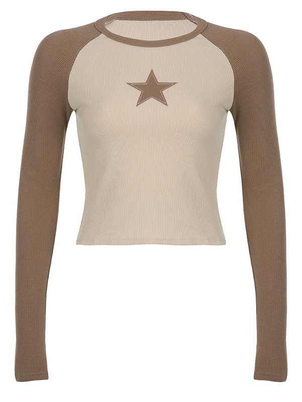 Contrast Y2K Raglan Sleeve Star Patch Crop Top