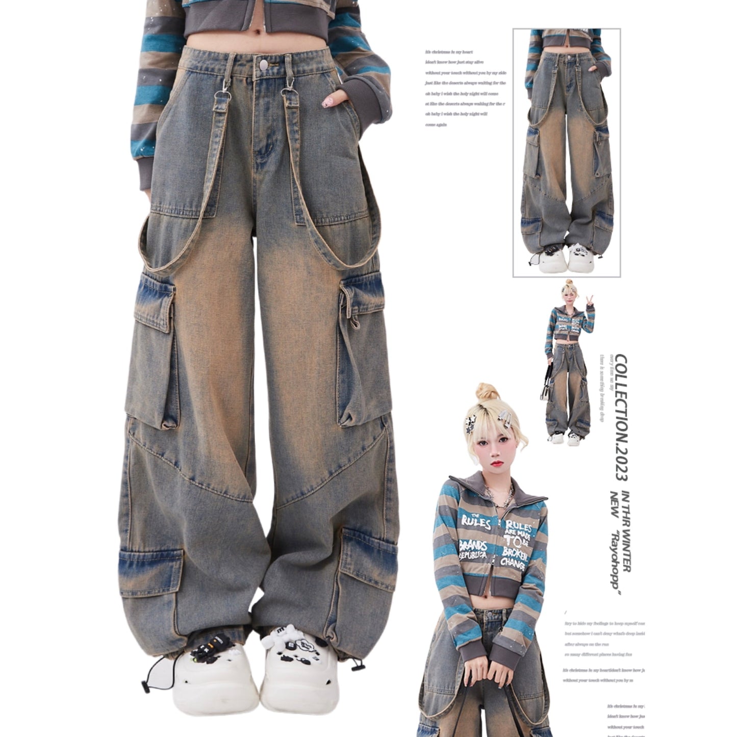 Hip Hop Mud Effect Washed Suspender Jeans