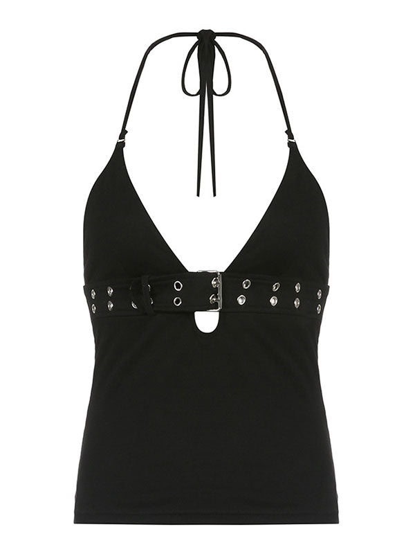 Black halter cami top with buckle