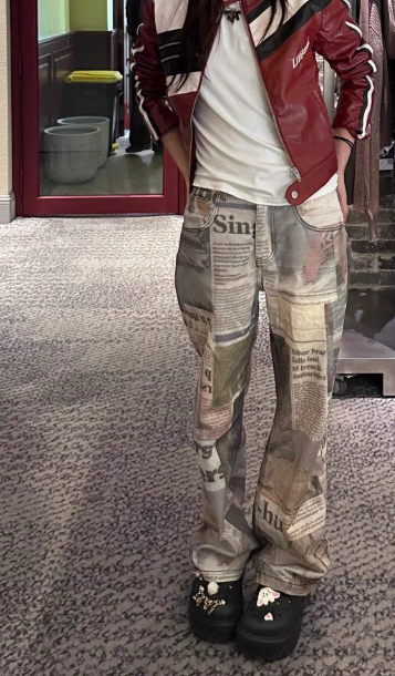 Newspaper Print Washed Effect Boyfriend Jeans