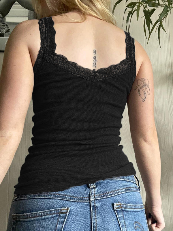 Vintage Black Tank Top with Lace Trim