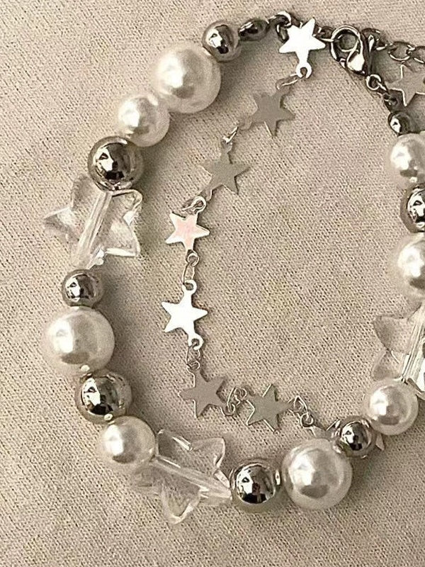 Vintage Star Faux Pearl Charm Double Row Bracelet