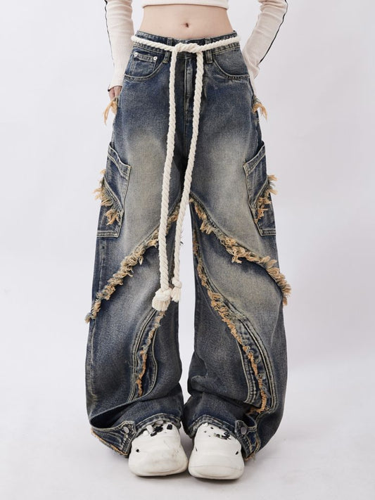 Raw Edge Design Patchwork Baggy Washed Jeans