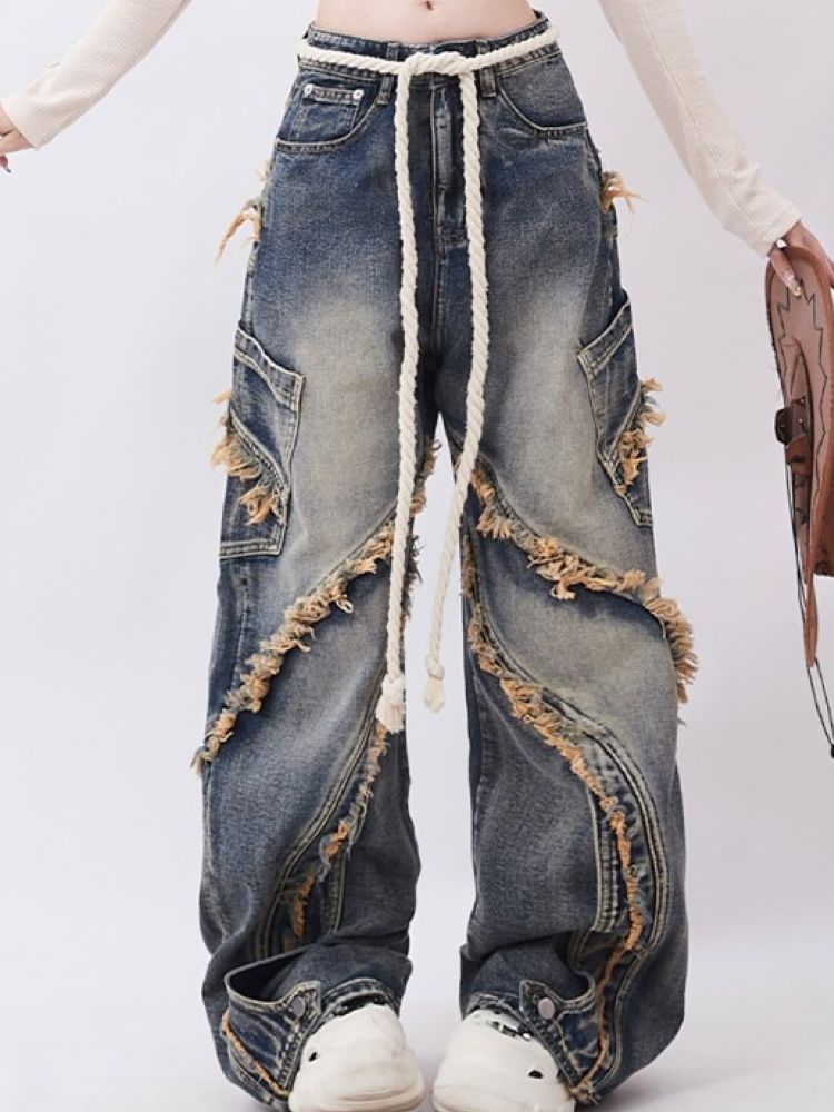 Raw Edge Design Patchwork Baggy Washed Jeans