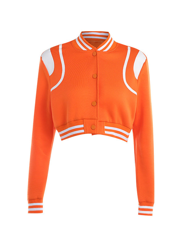 Orange Contrast Color Crop Varsity Jacket