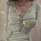 Green Vintage Striped Ribbed Knit Button Front Top