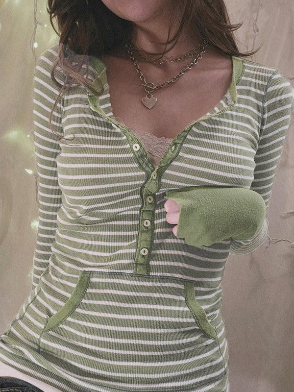 Green Vintage Striped Ribbed Knit Button Front Top