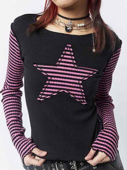 Y2k Striped Star Print Patchwork Slim Fit Long Sleeve Top