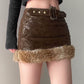 Brown vintage leather mini skirt with fuzzy hem splice and belt