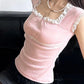 Pink Vintage Lace Trim Bow Square Neck Crop Top