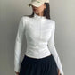 White Retro Zipper Stand Collar Top with Long Sleeves 