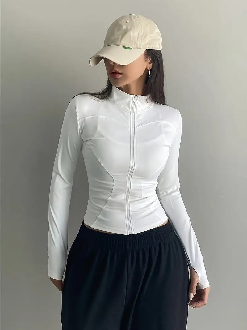 White Retro Zipper Stand Collar Top with Long Sleeves 