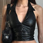 Black Y2k V-neck leather halter vest with chest slit