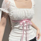 White Y2K Bow Lace Patchwork Bubble Sleeve Top