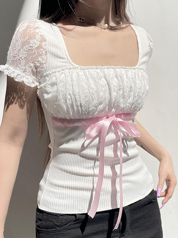 White Y2K Bow Lace Patchwork Bubble Sleeve Top