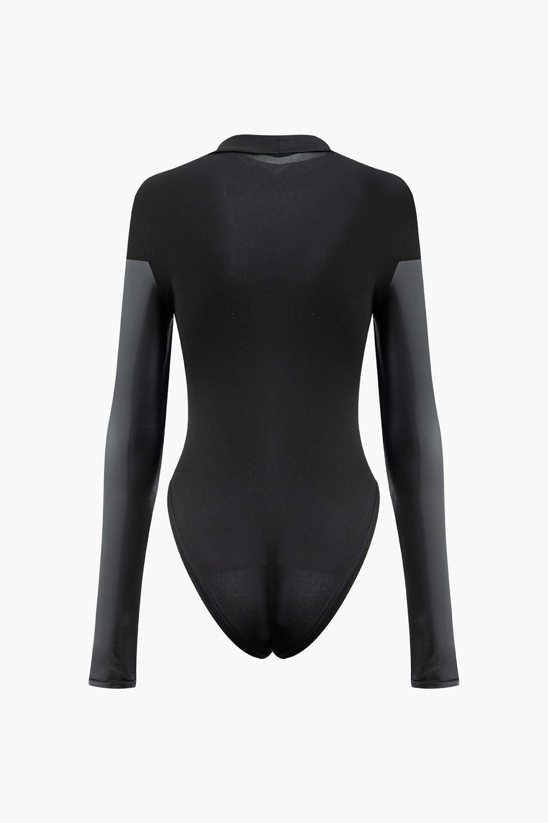 Black vintage mock neck bodysuit with faux leather panels and long sleeves