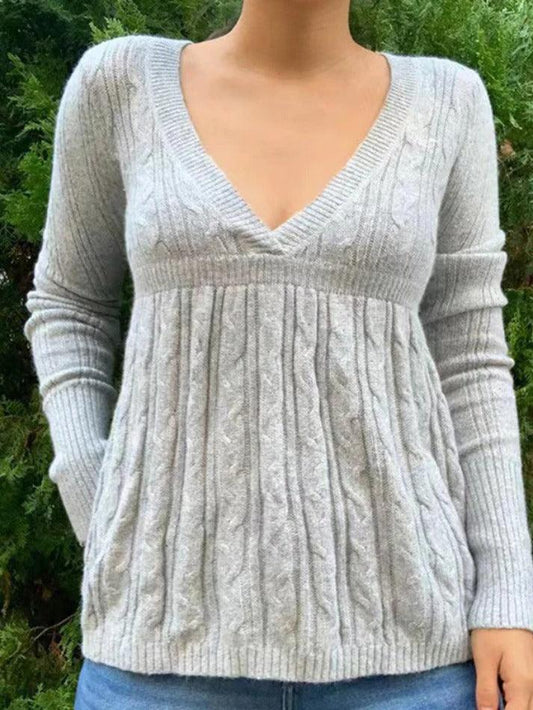 Vintage Gray V-Neck Sweater with Crochet A-Line Hem