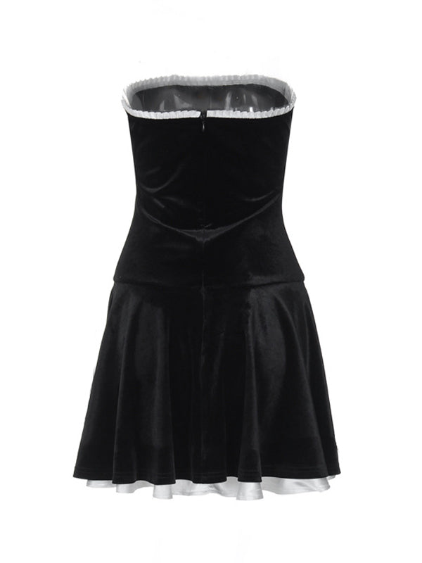 Black Vintage Velvet Splice Pleated Bandeau Mini Dress